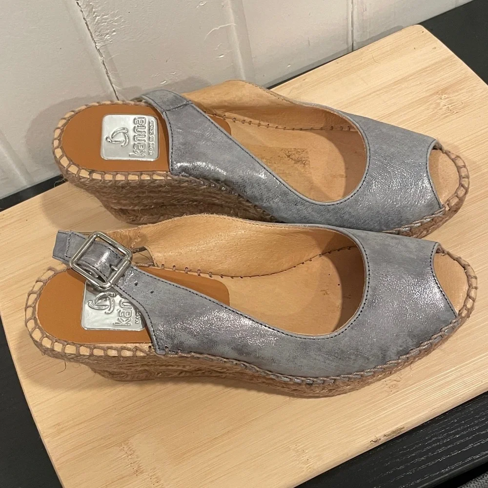kanna Metallic Silver  Leather Espadrille Wedge Sandals size 37
